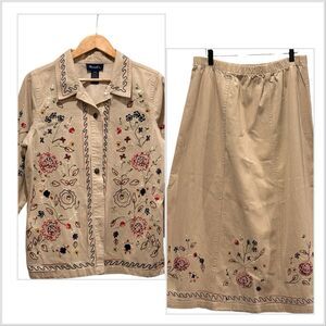 Denim & Co. Embroidered Boho Denim Shirt Jacket & Skirt Set Size L Tan Beige